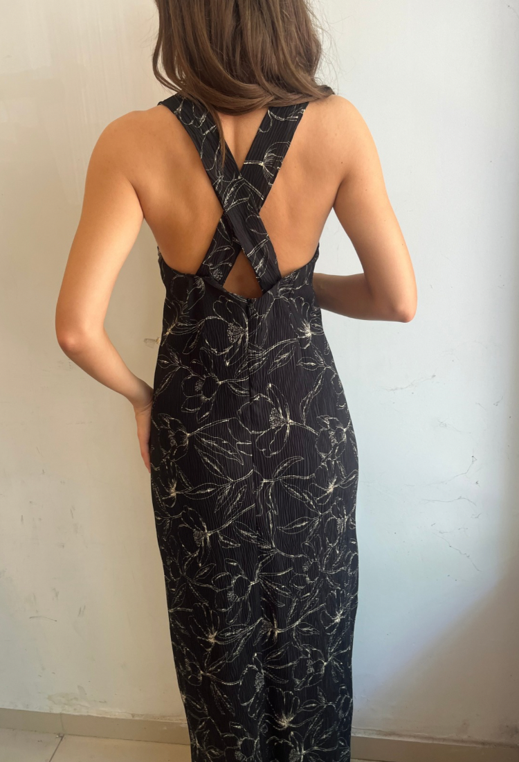 שמלת לולו מקסי שחורה עם פרינט פרחים אפורים