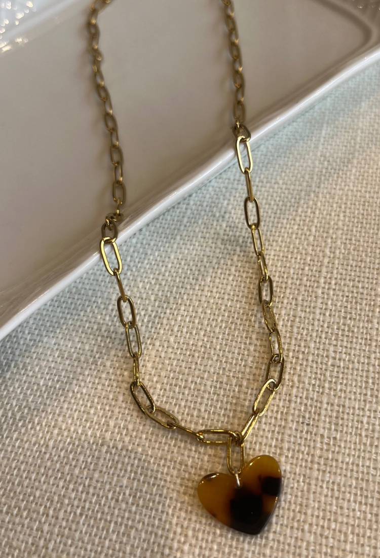 Stainless steel necklace with textured heart leopard stone