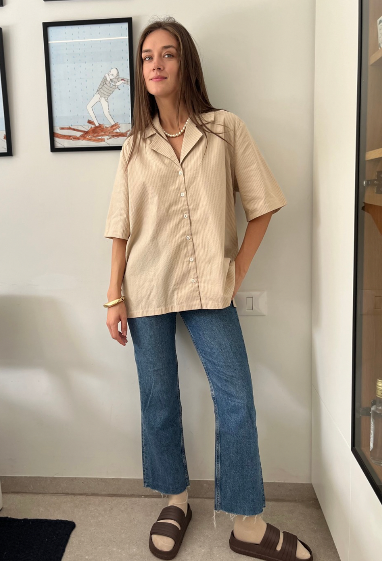 Aya beige and light brown stripes button down shirt