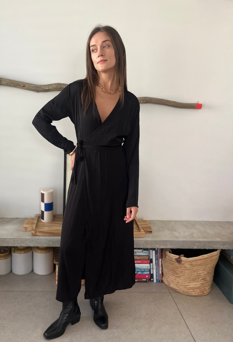 Ann black smoky maxi wrap dress