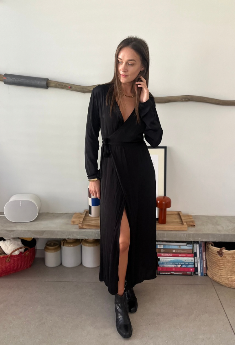 Ann black smoky maxi wrap dress