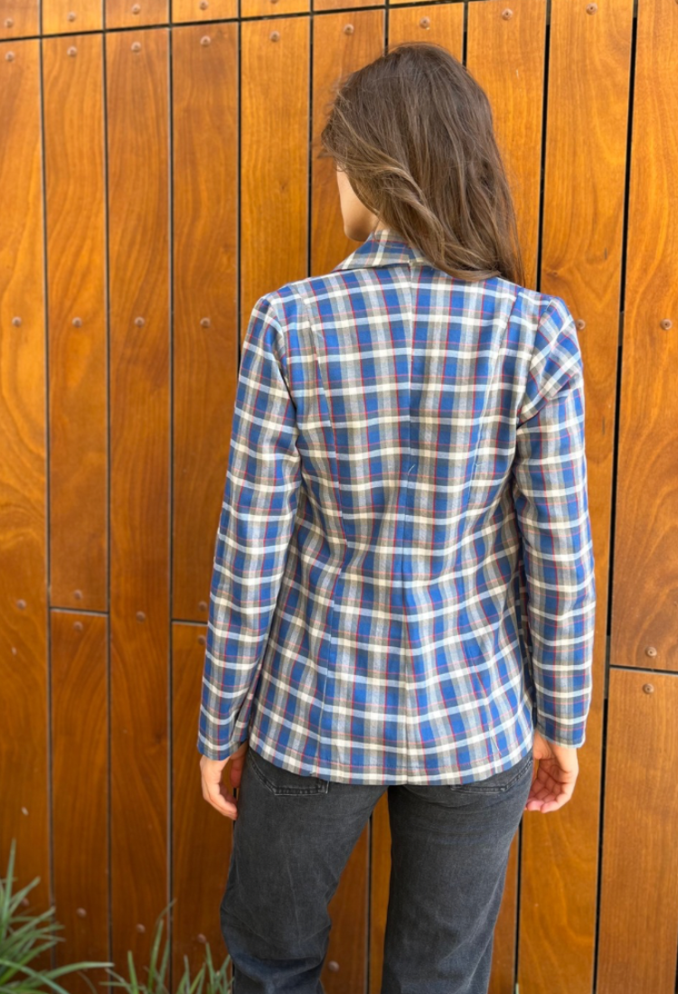 Ray blue cotton check with a hint of gray and red jacket