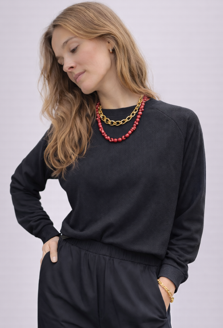 רוז חולצת סווטשרט שחור ריב דק