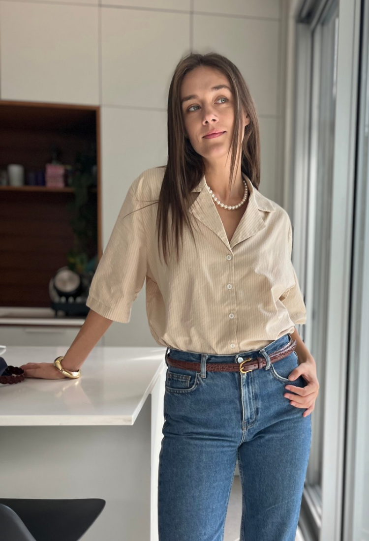 Aya beige and light brown stripes button down shirt