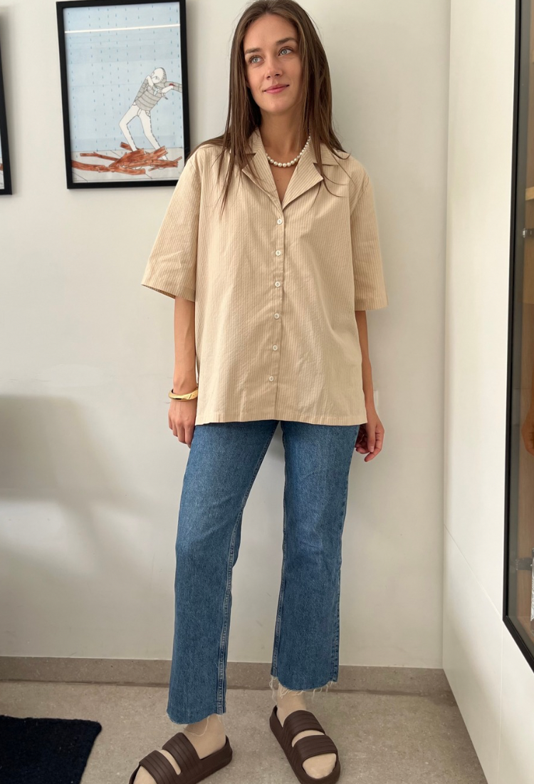 Aya beige and light brown stripes button down shirt