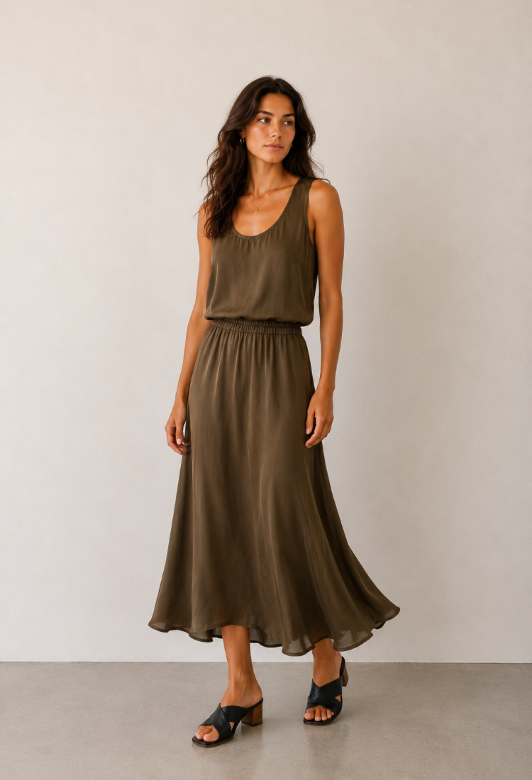Sue smoky olive brown maxi skirt pre order arrive on the 15/6