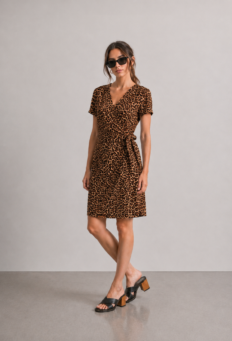 Noor brown and black leopard print wrap dress