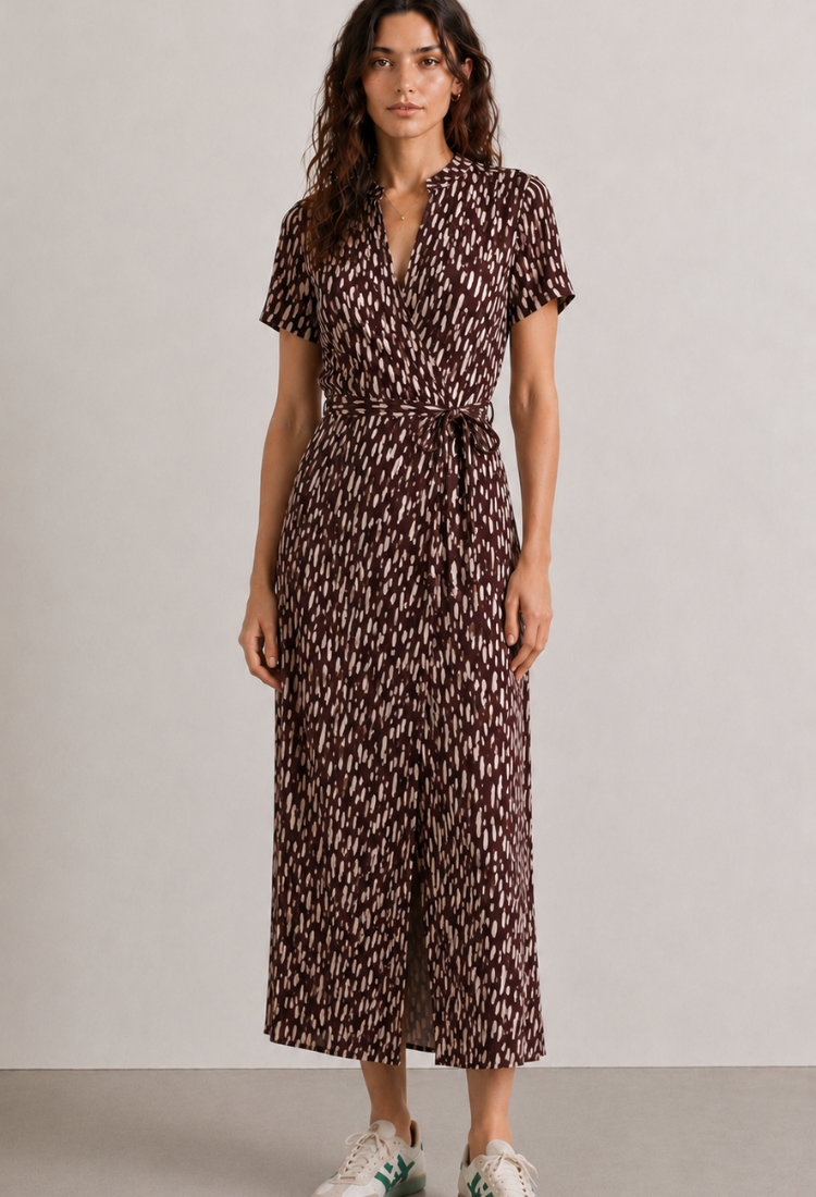Rose Bordeaux off white print wrap dress