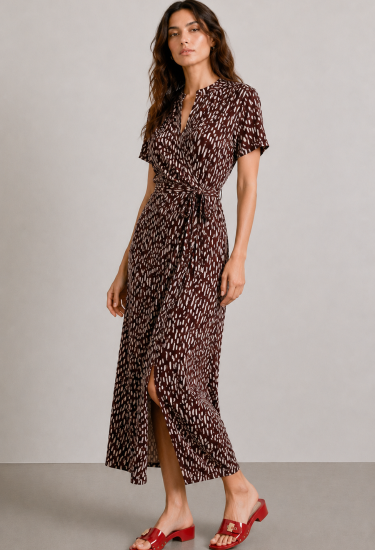 Rose Bordeaux off white print wrap dress