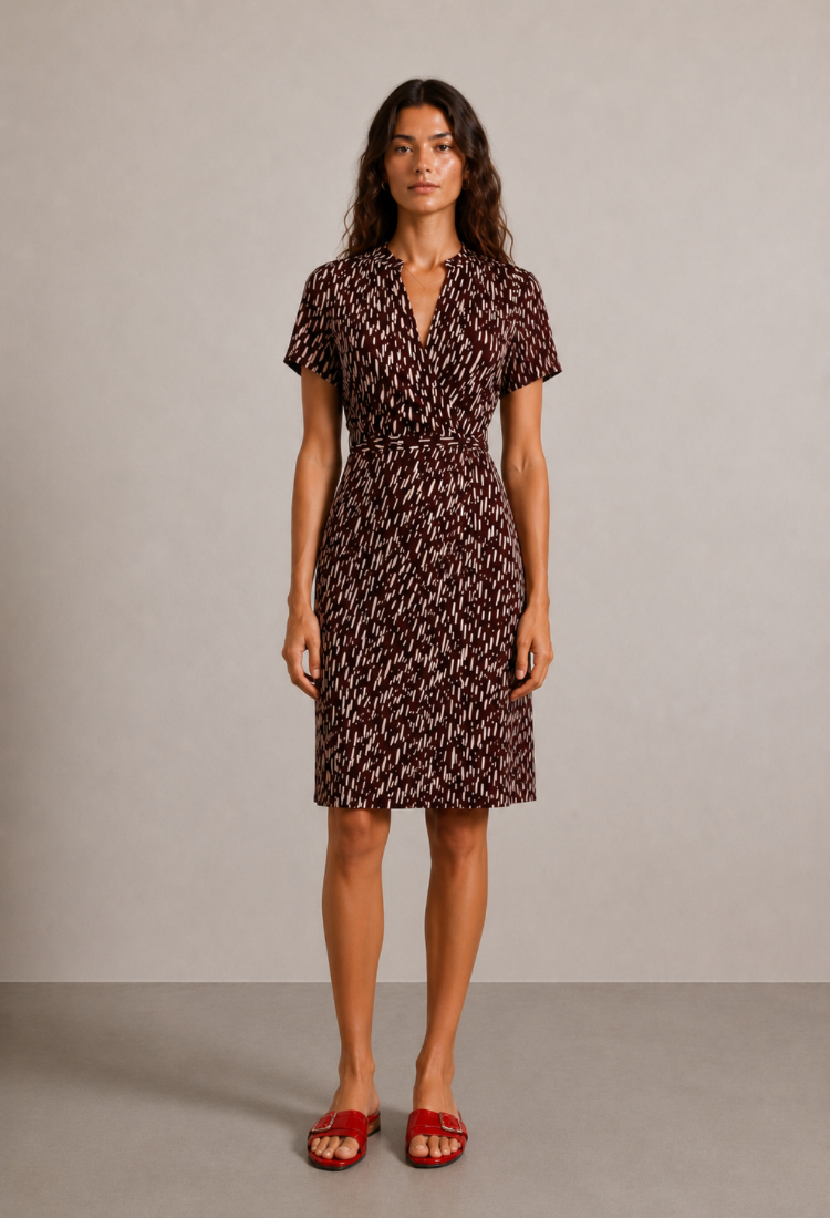 Noor Bordeaux off white print wrap dress