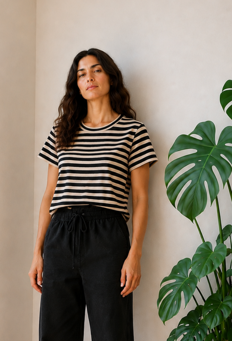 Lital light brown and black stripes crop shirt