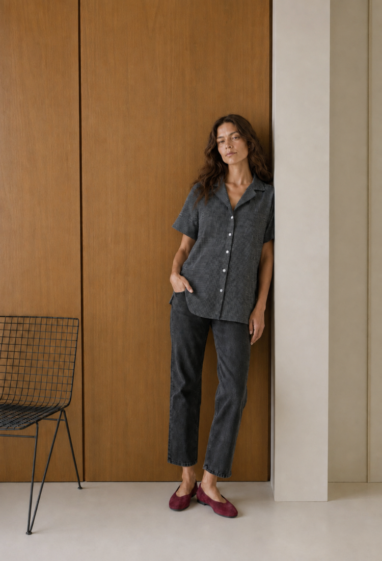 Aya black and white checked button down shirt