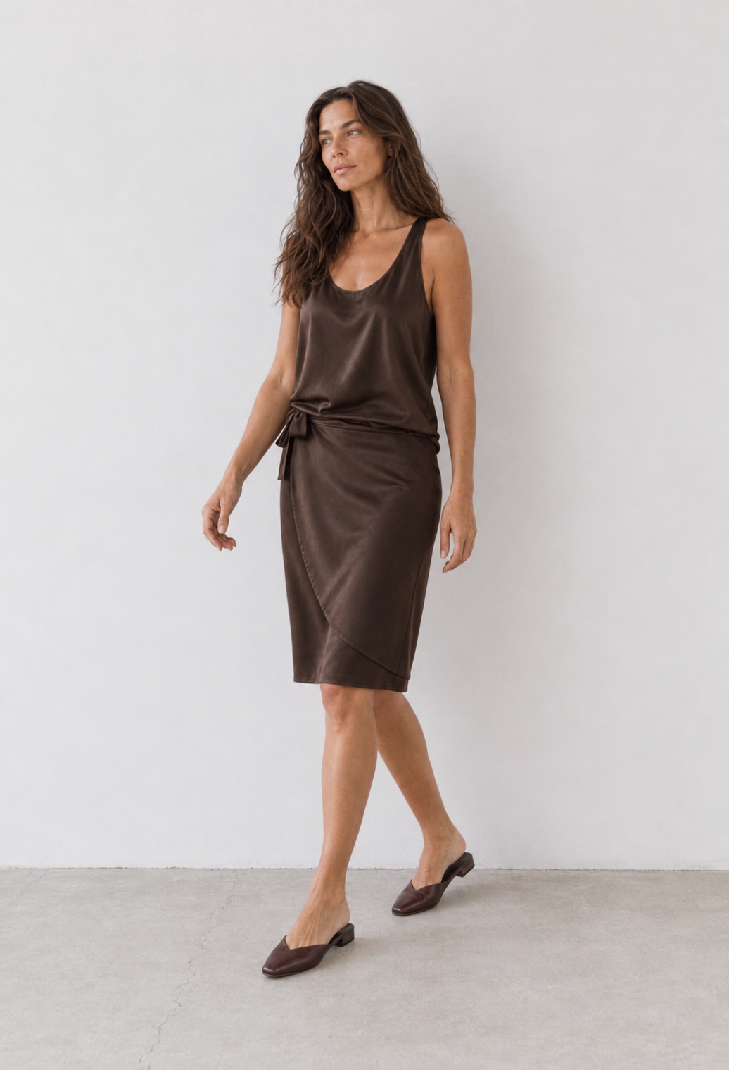 Set of Lee chocolate brown wrap mini skirt and Lily sleeveless top