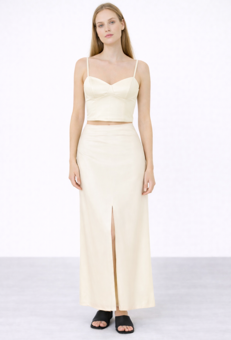 Set of zoe top and Mia ivory satin maxi skirt
