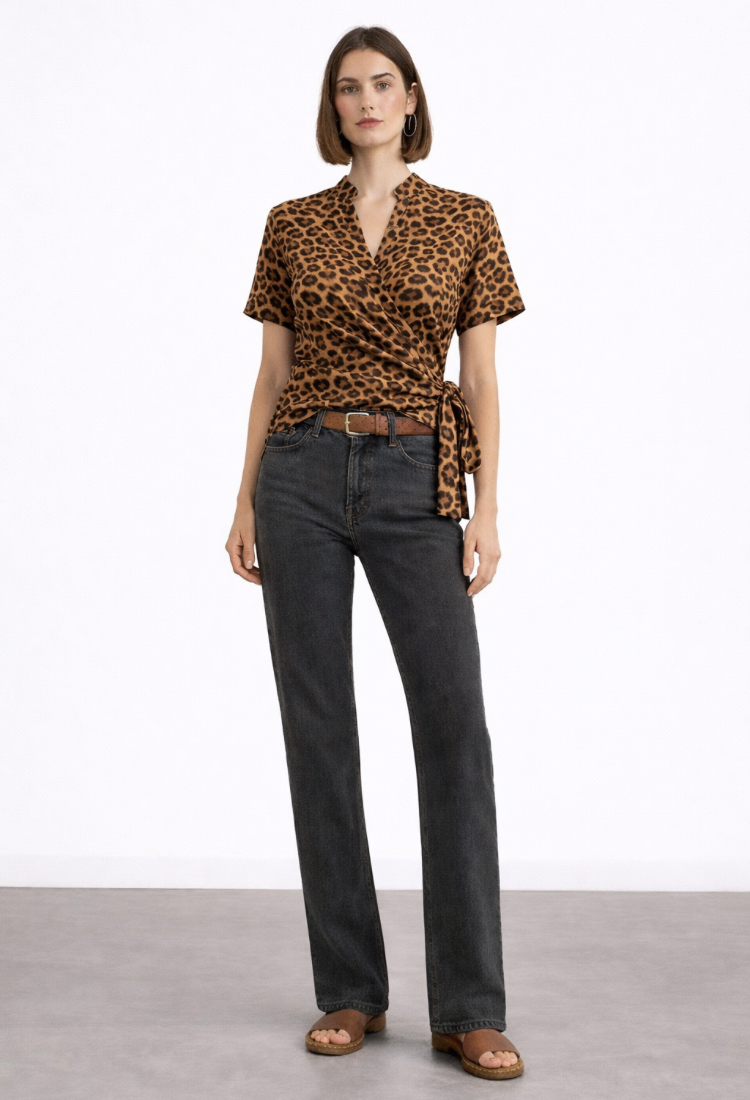 Liz leopard print wrap short sleeves shirt