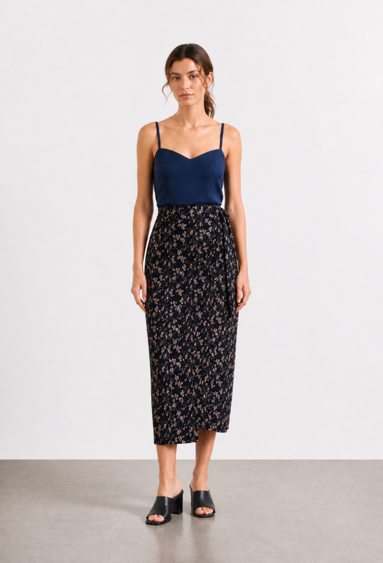 Lee black with gray floral print wrap skirt