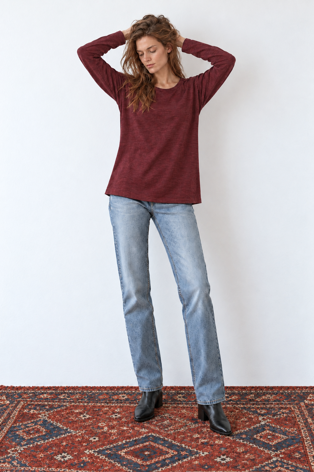 Ann burgundy long-sleeve cotton shirt on model