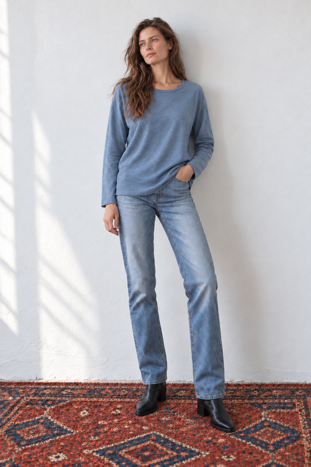 Ann light blue long-sleeve cotton shirt on model