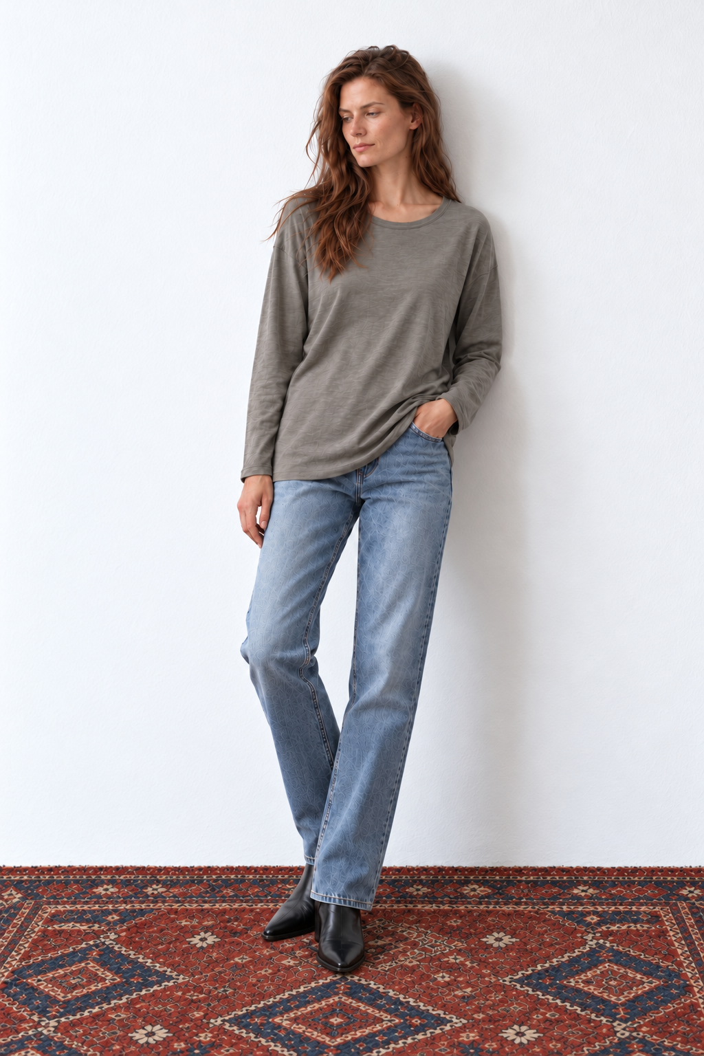 Ann stone-grey long-sleeve cotton shirt on model