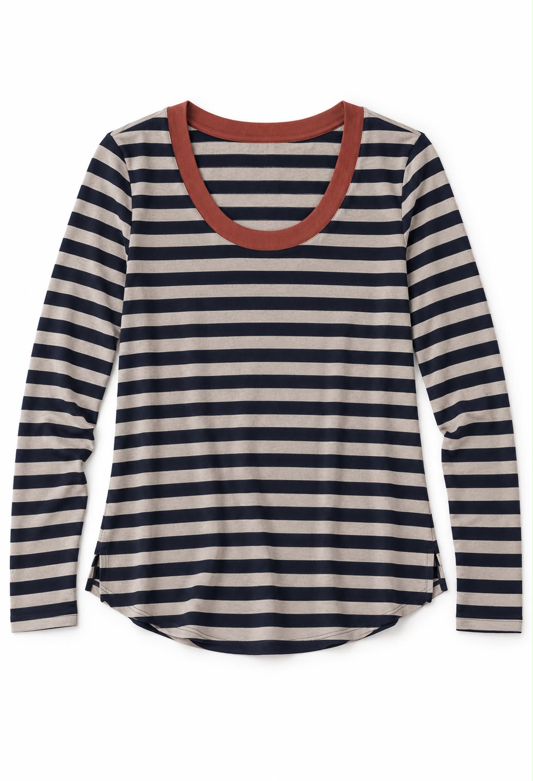 Ayelet stone and blue striped cotton shirt with brick neckline packshot