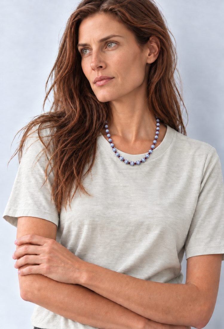 Model wearing the blue and white Japanese glass bead necklace