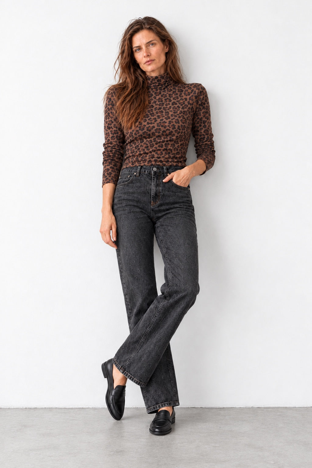 Model wearing the Gabi brown leopard-print turtleneck