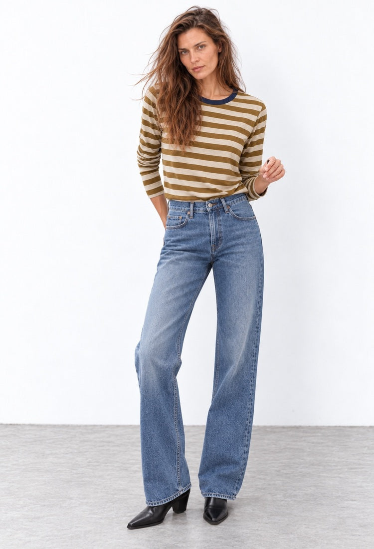 Lou olive and cream striped cotton shirt model-full