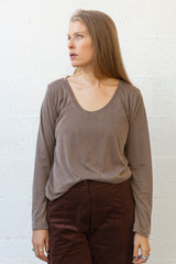 Ayelet dark brown rib round neckline long   sleeves shirt