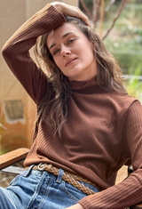 Lily chocolate brown  rib Turtleneck Shirt