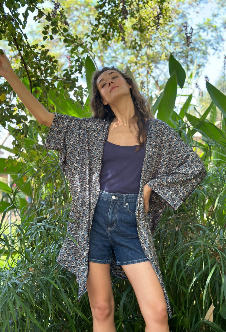 Tom blue and gray print  kimono