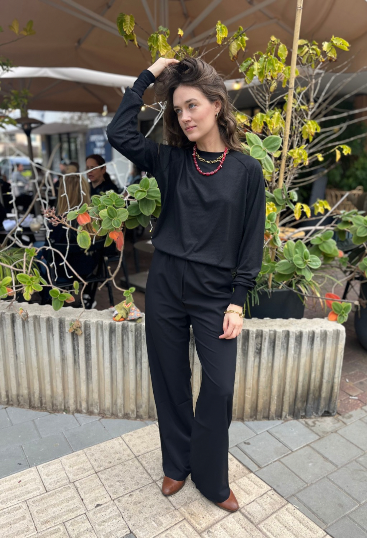 רוז חולצת סווטשרט שחור ריב דק