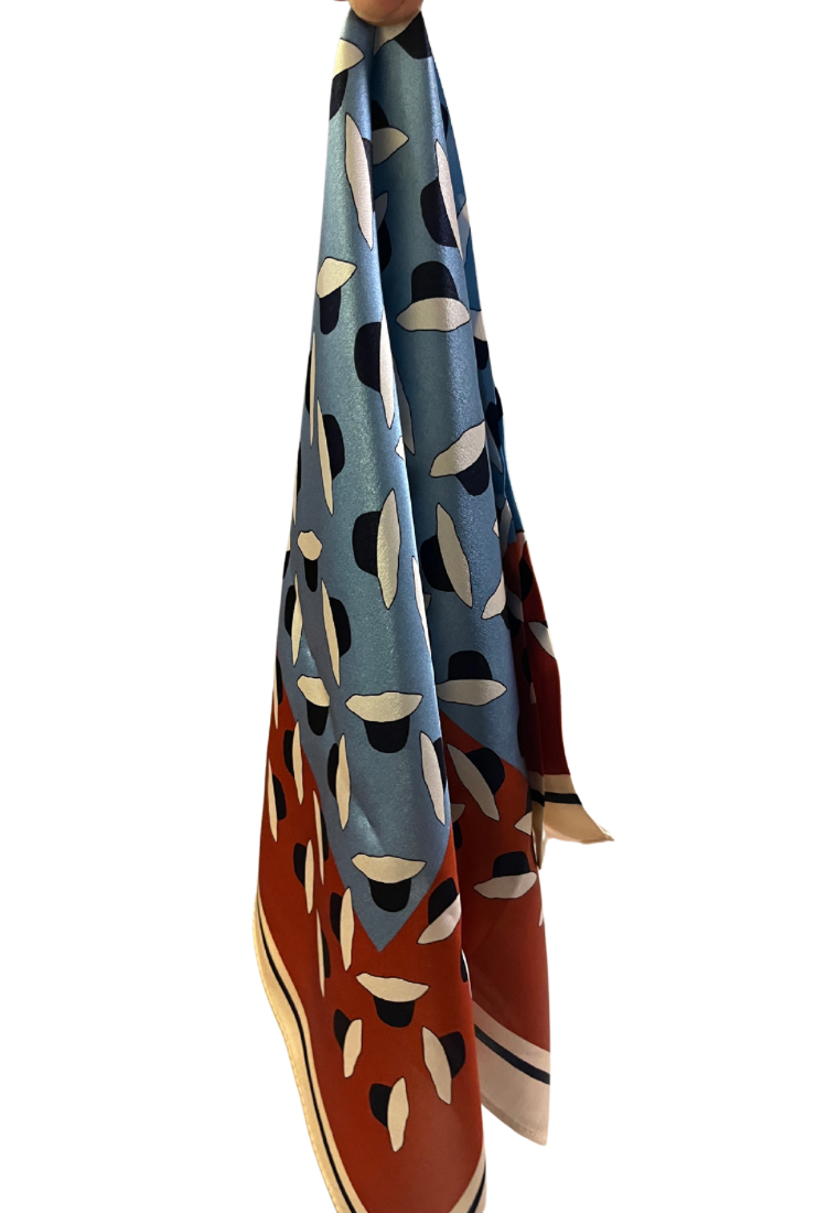 Brown and blue print silk scarf