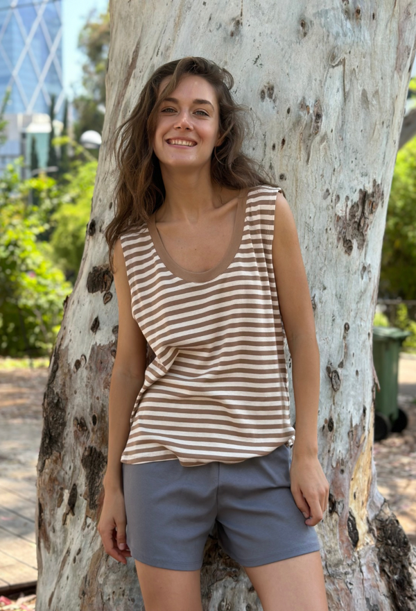 Ayelet light brown and brown stripes round neckline  sleeveless shirt