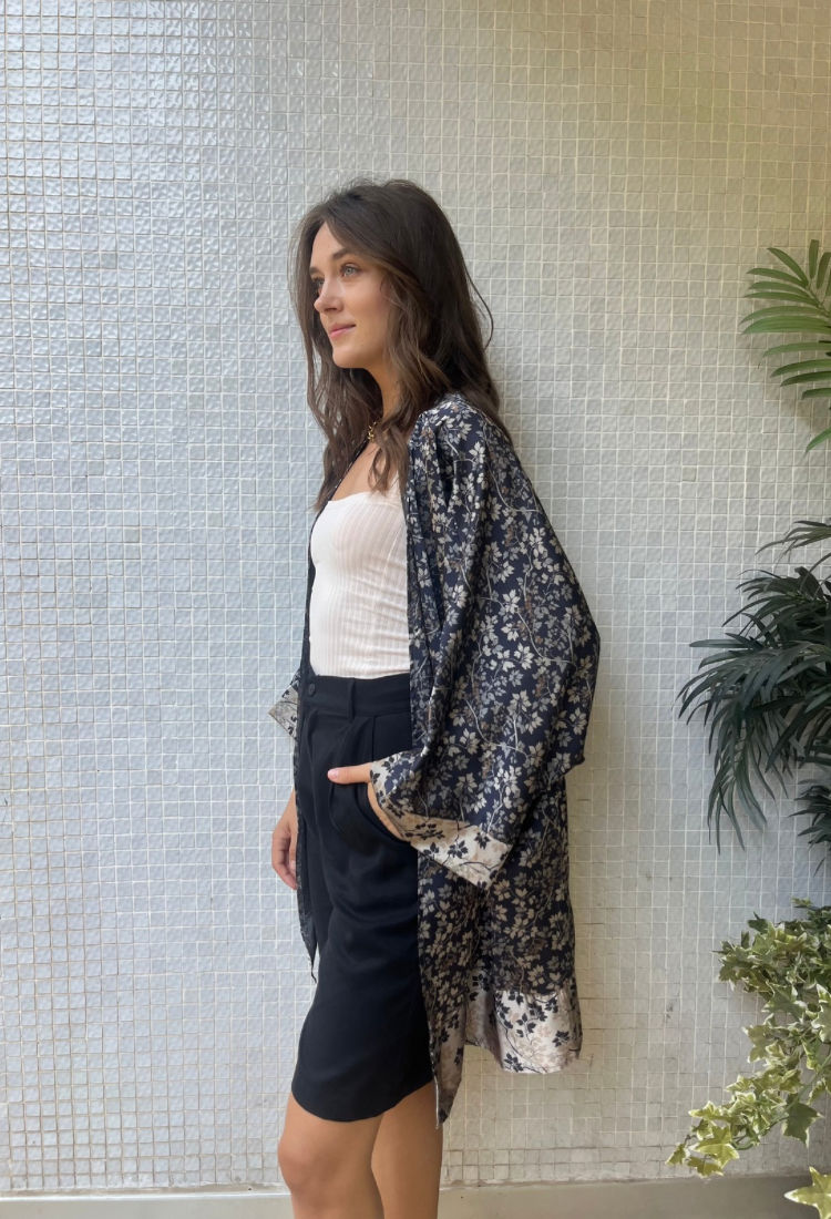 Tom dark blue and stone floral ,kimono