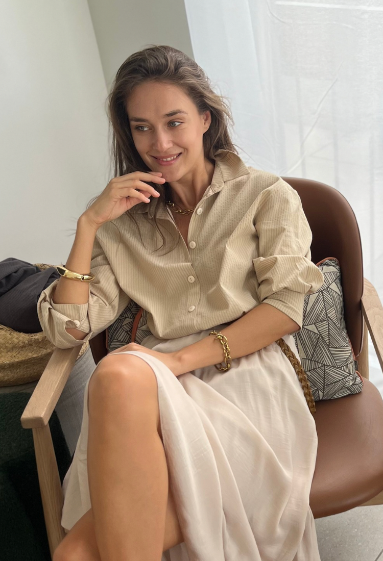 חולצת ניל מכופתרת פסים שמנת