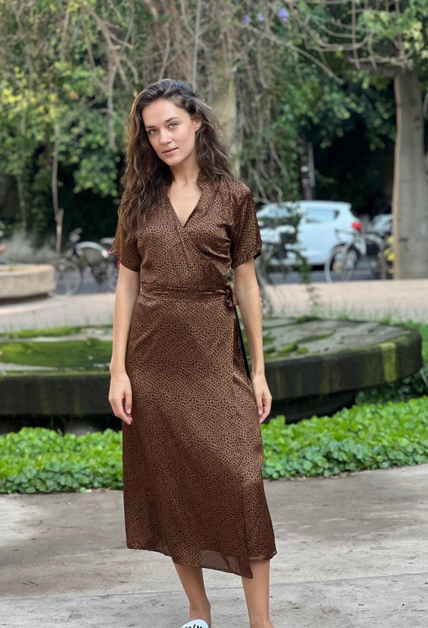 Rose dark brown and blue leopard print wrap dress