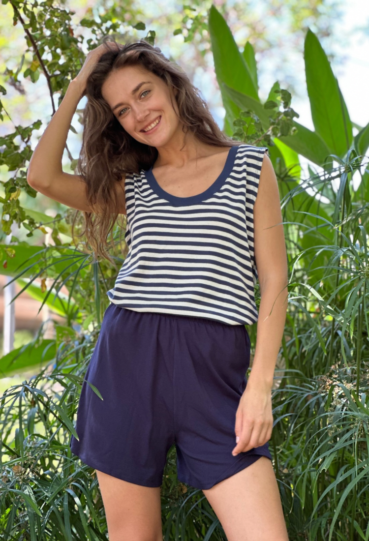 Ayelet white and blue stripes round neckline  sleeveless shirt