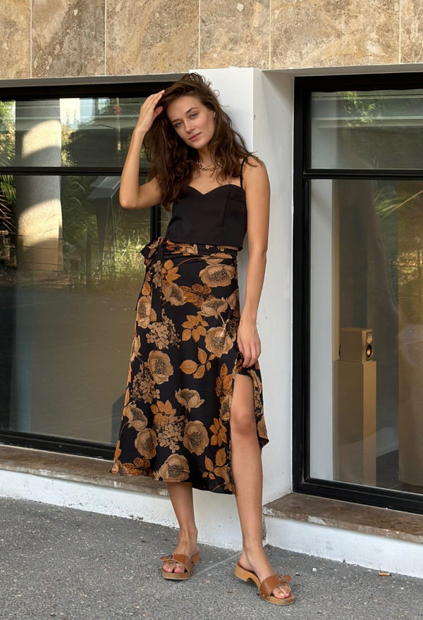 Lee black with brown flowera print  wrap skirt