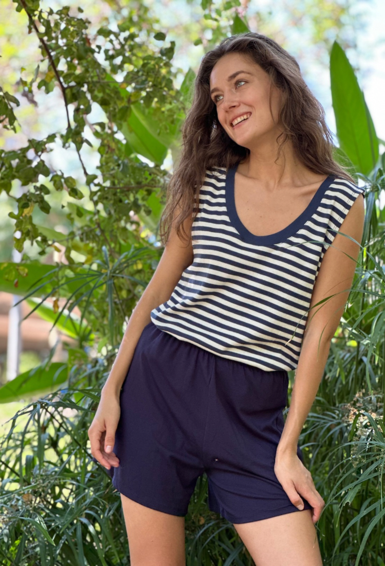 Ayelet white and blue stripes round neckline  sleeveless shirt