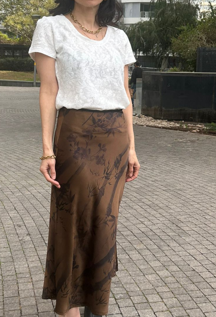 Jasmine brown  chocolate color with big flower print maxi  skirt