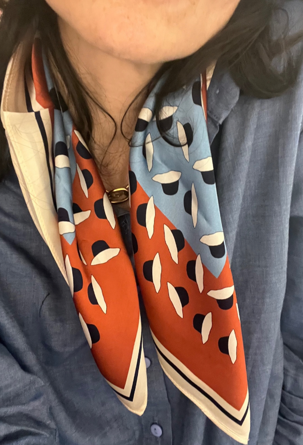 Brown and blue print silk scarf