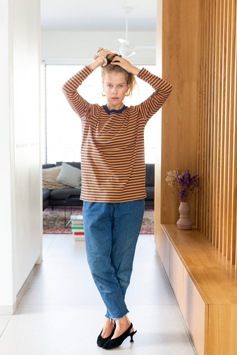 Lori long  Sleeves light  brown and  blue  stripes