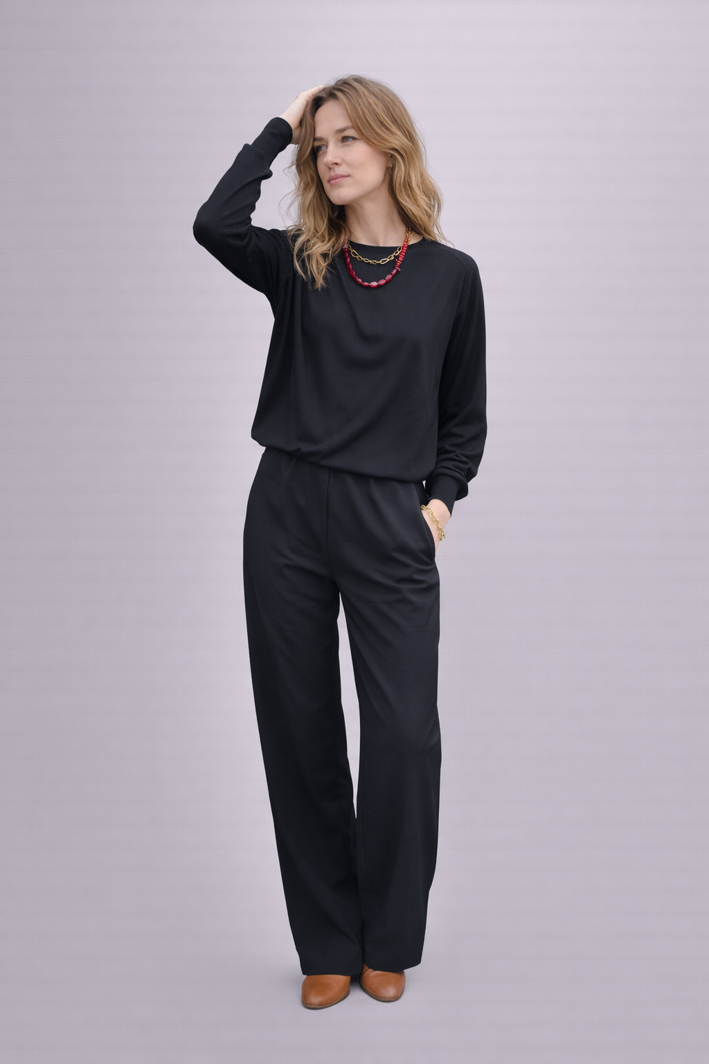 רוז חולצת סווטשרט שחור ריב דק