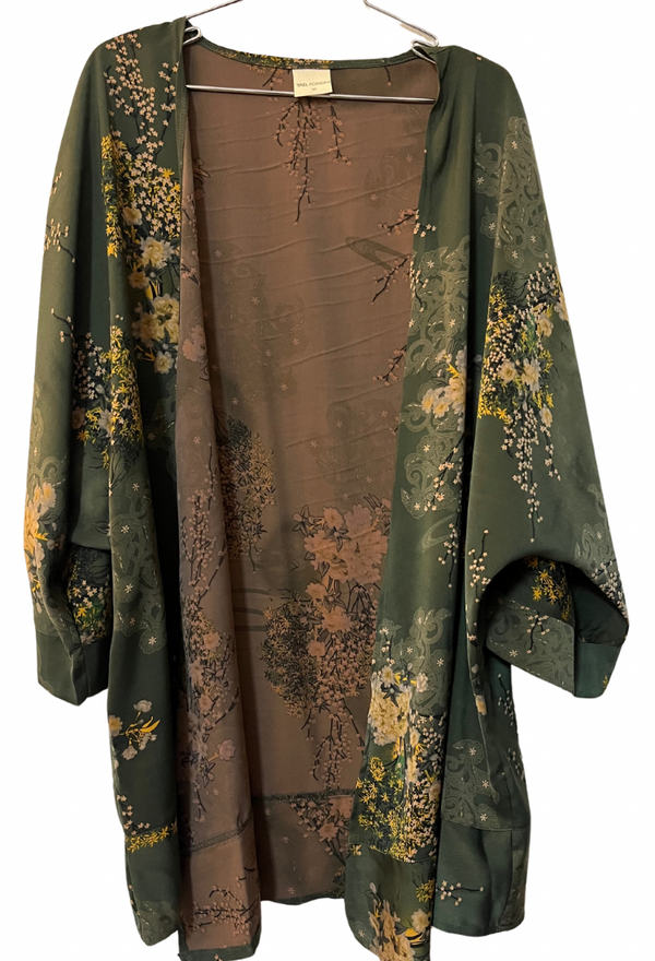 Tom kimono green with  yellow brown flowers print