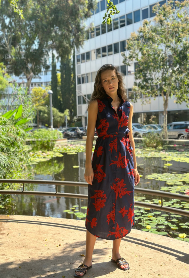 Mia dark blue with red flowers  print dress