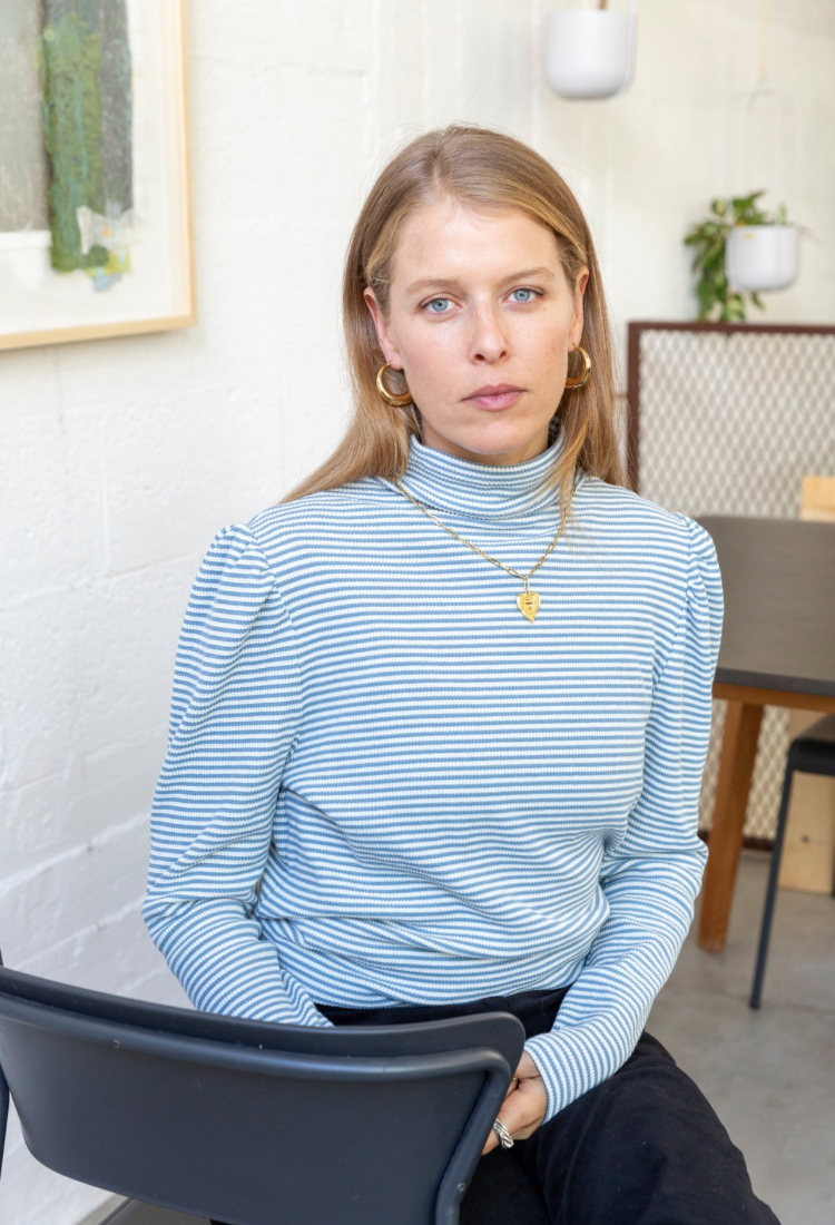 Paris white and light blue  rib Turtleneck Shirt