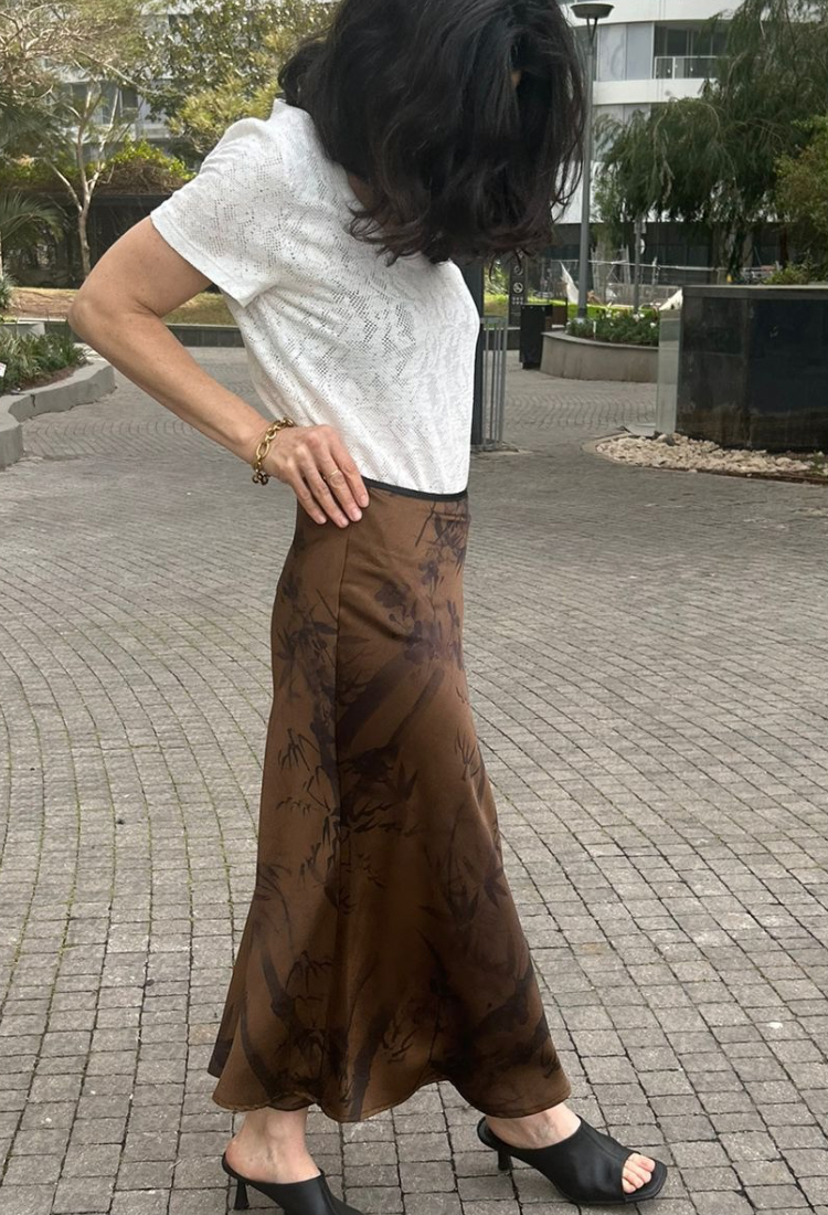 Jasmine brown  chocolate color with big flower print maxi  skirt