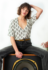 Leonie  white and brown geometric   print  button shirt