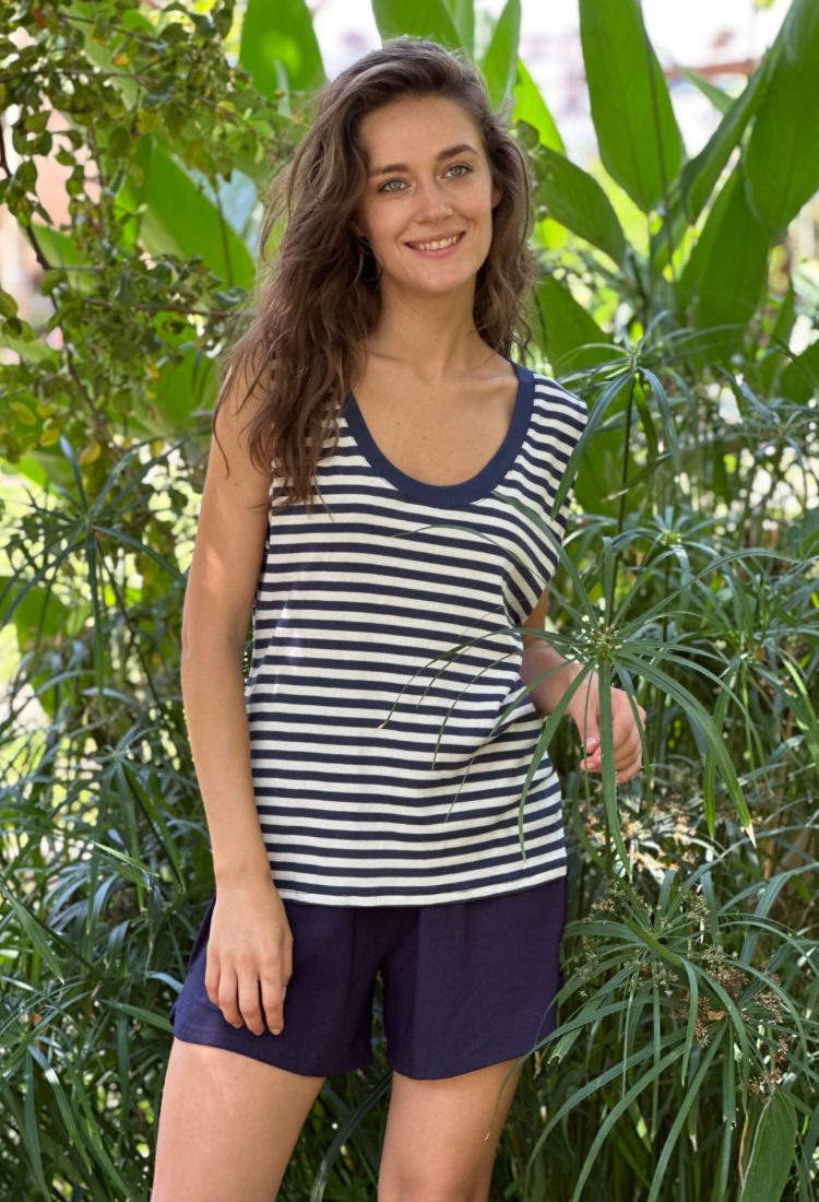 Ayelet white and blue stripes round neckline  sleeveless shirt