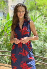 Mia dark blue with red flowers  print dress